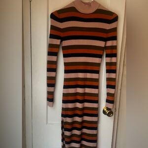 JustFab Striped Long-Sleeve Knit Dress in Beige, Olive, Navy & Orange